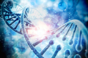 Close-up illustration of a DNA double helix with a glowing light effect in the center, set against a blue abstract background, representing genetics or biotechnology.
