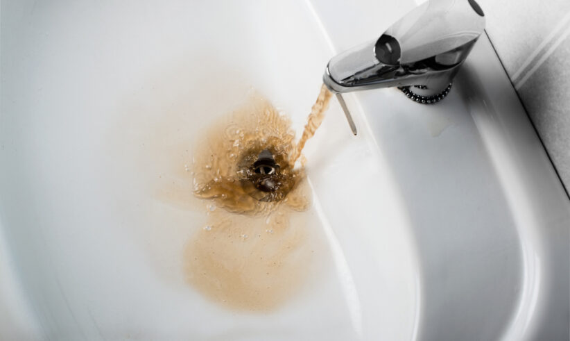 Brown, dirty water flows from a faucet into a white sink, swirling around the drain, indicating contaminated or rusty tap water.