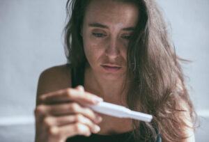 A woman with long brown hair looks intently at a pregnancy test she is holding, her expression appearing serious and contemplative.