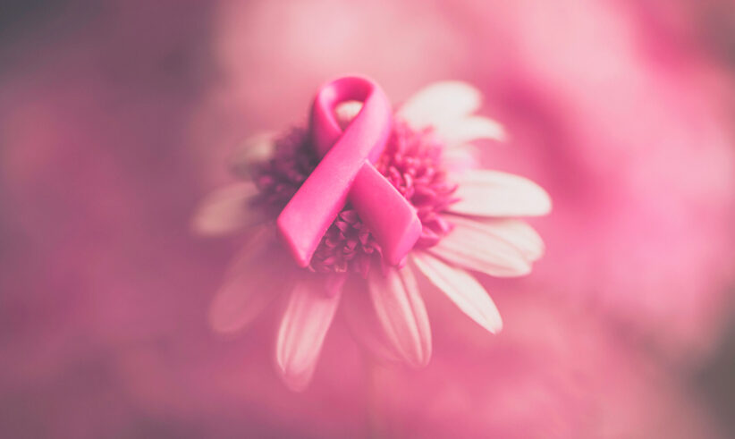 A pink breast cancer awareness ribbon rests on the center of a daisy flower, with a soft pink blurred background creating a gentle and supportive atmosphere.