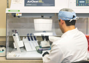 A lab technician in protective clothing works at a biosafety cabinet, using pipettes and handling samples with lab equipment in a sterile environment.