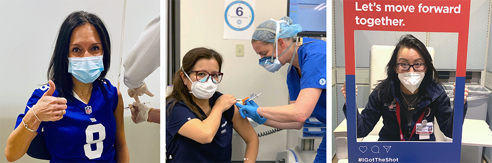 Three images: a woman in a mask gives a thumbs up while receiving a shot, a healthcare worker administers a vaccine to another masked woman, and a woman sits behind a #IGotTheShot frame, smiling behind her mask.