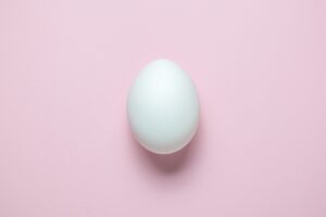 A single white egg is centered on a smooth, pale pink background, casting a soft shadow beneath it.