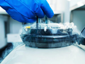 A gloved hand holds forceps over an open cryogenic container filled with liquid nitrogen, with cold vapors rising from the opening.