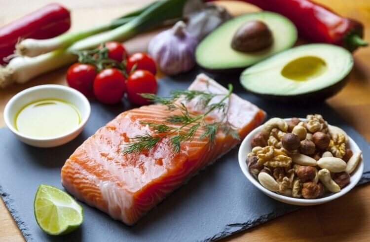 A slab of raw salmon with a sprig of dill sits on a slate board, surrounded by cherry tomatoes, green onions, garlic, red chili, half an avocado, mixed nuts, a lime wedge, and a small bowl of olive oil.