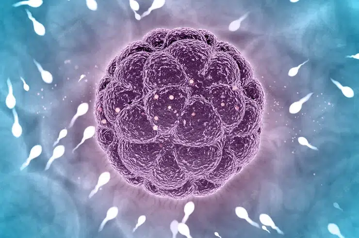 Illustration of many white sperm cells swimming toward a large, round purple egg cell in the center, set against a blue and purple background, representing fertilization or conception.
