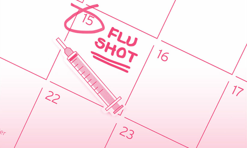 A calendar page with the 15th circled and labeled Flu Shot in bold letters. An illustration of a syringe is placed over the date, emphasizing a flu vaccination appointment.