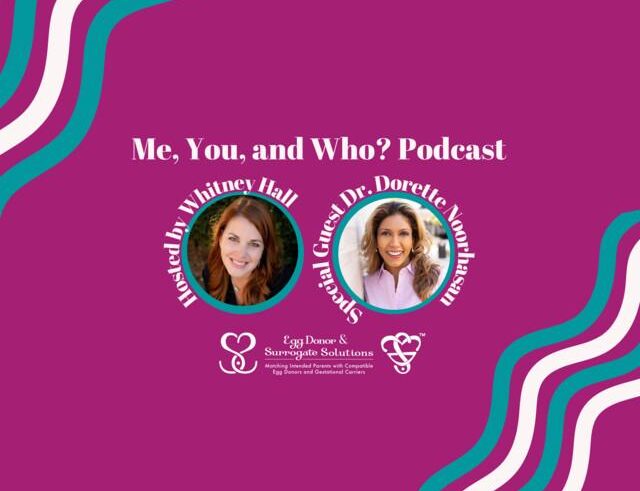 A magenta graphic for the “Me, You, and Who? Podcast” features photos of host Whitney Hall and special guest Dr. Dorette Noorhasan, with white text and teal-and-white wavy lines on the corners.