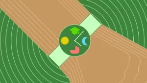 An abstract illustration of intersecting green and brown fields with a central green circle containing icons of a sun, moon, green hat, and red shape. The design suggests a blend of nature and learning themes.