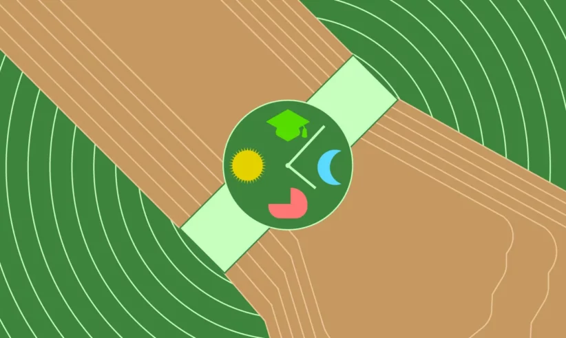 An abstract illustration of intersecting green and brown fields with a central green circle containing icons of a sun, moon, green hat, and red shape. The design suggests a blend of nature and learning themes.