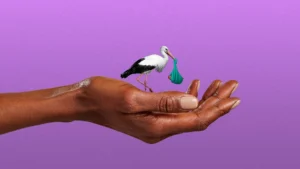 A hand holds a small stork carrying a blue bundle in its beak, set against a purple background.