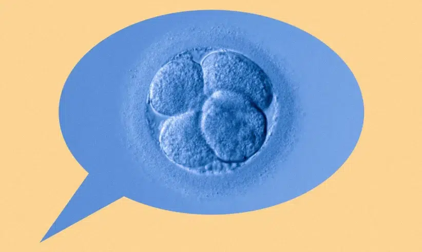 A blue-toned image of a cell cluster, possibly a human embryo at early stages, appears inside a speech bubble on a beige background.