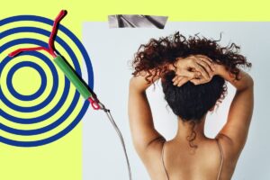 A person with curly hair holds their hands behind their head, facing away. On the left, a copper IUD diagram is shown over blue concentric circles on a yellow background. A silver strip sits at the top of the image.