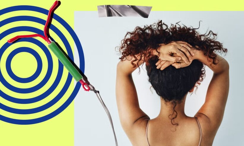 A person with curly hair holds their hands behind their head, facing away. On the left, a copper IUD diagram is shown over blue concentric circles on a yellow background. A silver strip sits at the top of the image.