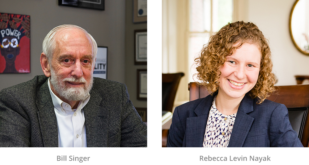 Side-by-side portraits of two people: an older man with white hair and beard wearing a striped shirt and jacket, and a smiling woman with curly hair in a blazer and patterned blouse. Text labels read Bill Singer and Rebecca Levin Nayak.