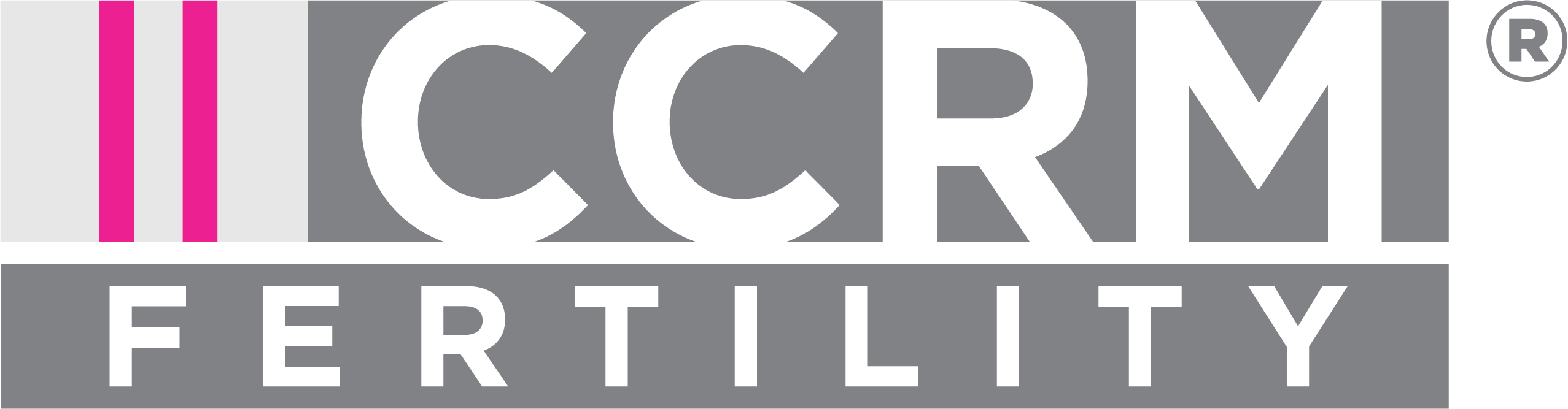 CCRM Fertility logo with bold white letters on a gray background; two vertical pink bars appear to the left of the text.