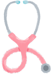 Illustration of a pink and gray stethoscope with blue earpieces, shown in a simple and stylized design on a plain background.