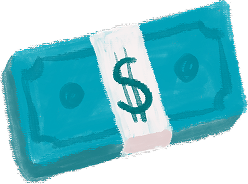 A stylized illustration of a stack of teal-colored dollar bills wrapped with a white band featuring a dollar sign.