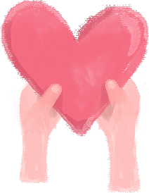 A digital painting of two hands holding a large, pink heart. The image has a soft, textured style with blurred edges and gentle pastel colors.