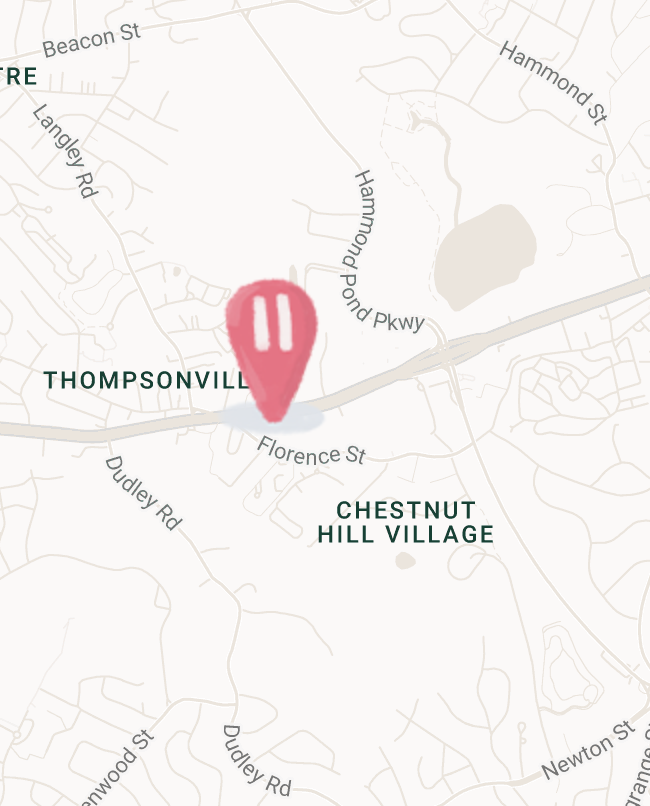 Map showing Thompsonville and Chestnut Hill Village with a pink marker placed on Florence St, near Dudley Rd and Hammond Pond Pkwy, with surrounding roads and neighborhoods labeled.