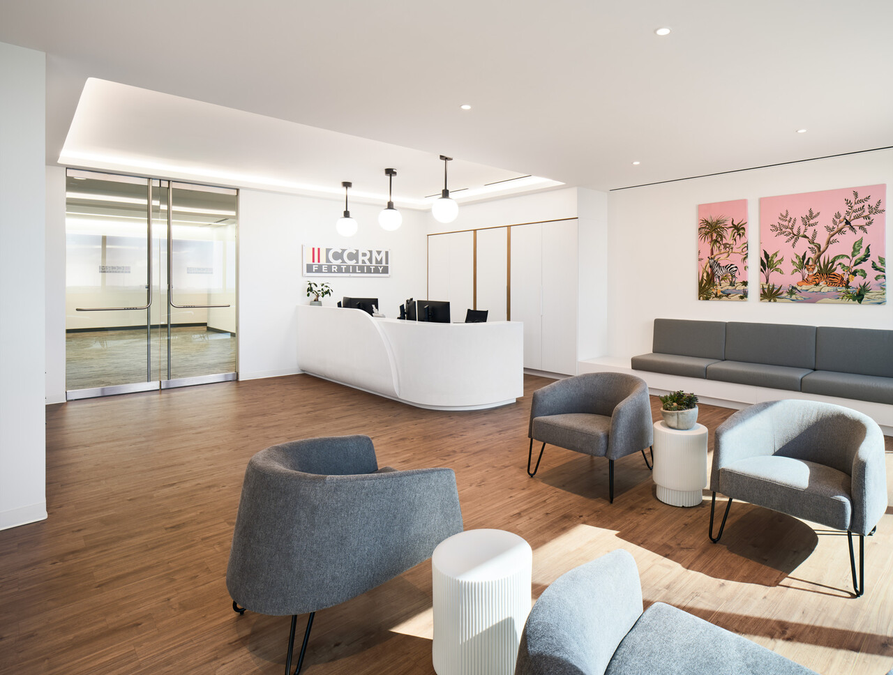 A modern clinic reception area with a white curved desk, gray chairs, a gray sofa, wooden flooring, and pink botanical artwork on the wall. Glass doors lead to another room. The space is well-lit and inviting.