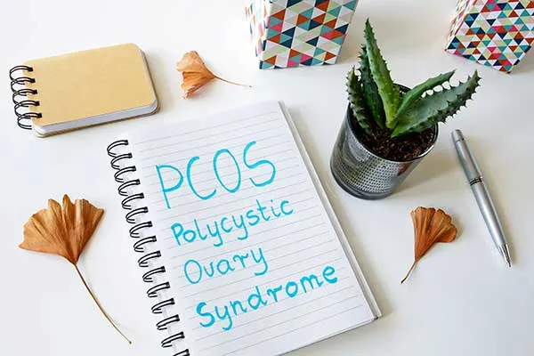 A notebook with PCOS Polycystic Ovary Syndrome written on it sits on a desk with a pen, dried leaves, a small plant, a closed notebook, and two patterned boxes.