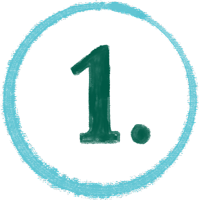 A bold, dark green number 1 with a period next to it is centered inside a roughly textured light blue circle on a white background.