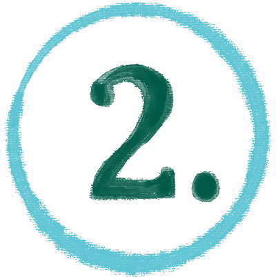 A hand-drawn dark green number 2 with a period, enclosed in a light blue rough-edged circle on a white background.