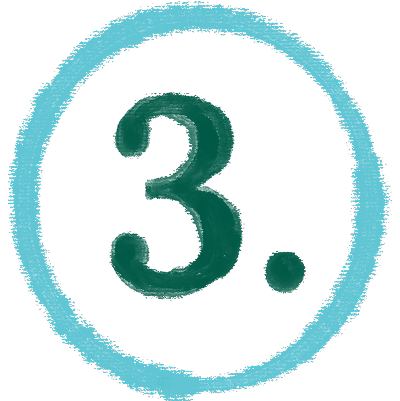 A hand-drawn, dark green number 3 with a period, enclosed in a rough, light blue circle on a white background.