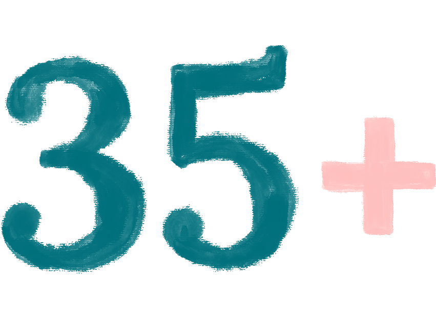 Large, painted teal numbers 35 are followed by a pink plus sign on a plain white background.