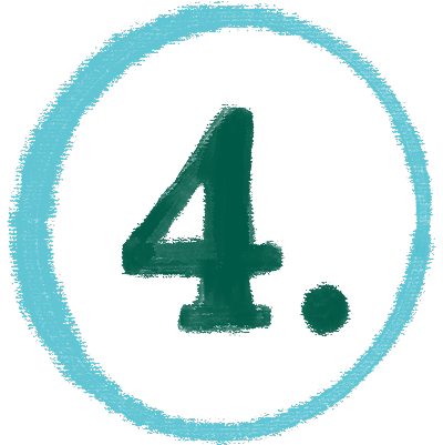 A hand-drawn dark green number 4 followed by a period, centered inside a rough, light blue circular outline on a white background.