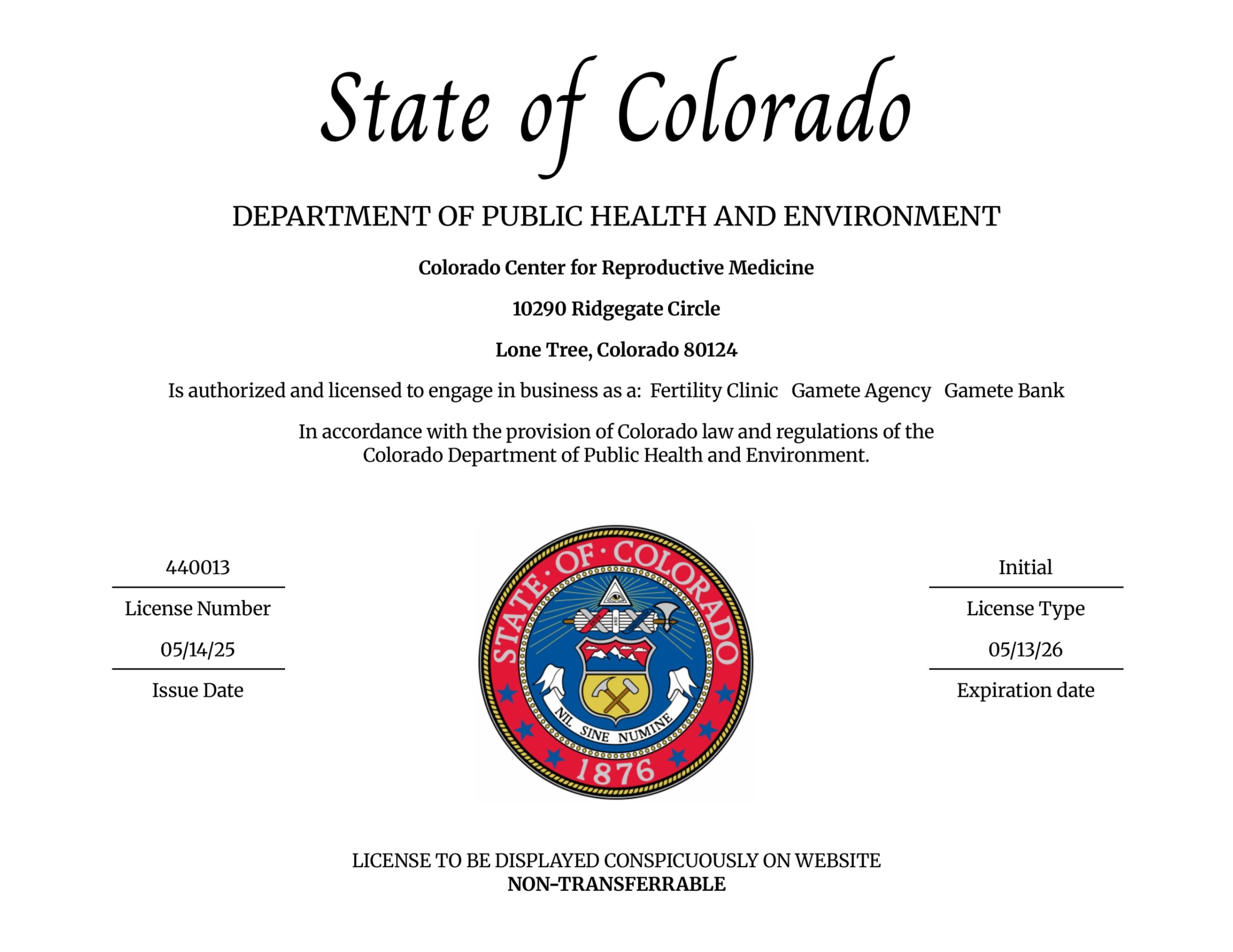A State of Colorado license certificate for the Colorado Center for Reproductive Medicine, authorizing business as a Fertility Clinic, Gamete Agency, and Gamete Bank, featuring the state seal and official details.