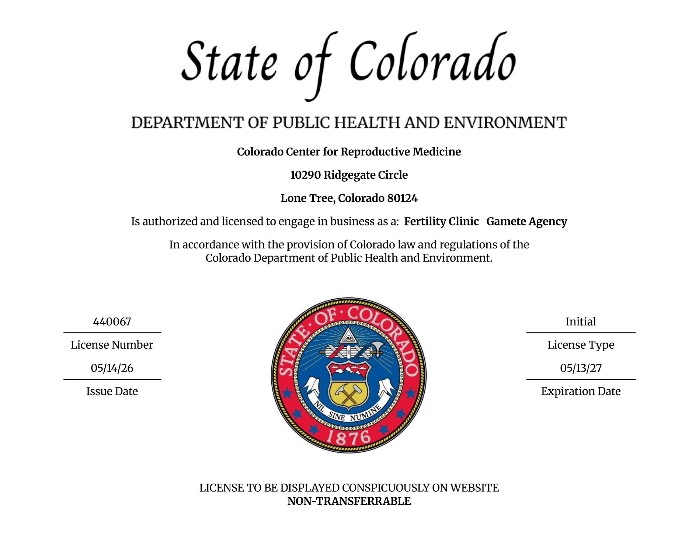 A State of Colorado license certificate for the Colorado Center for Reproductive Medicine, authorizing business as a Fertility Clinic, Gamete Agency, and Gamete Bank, featuring the state seal and official details.