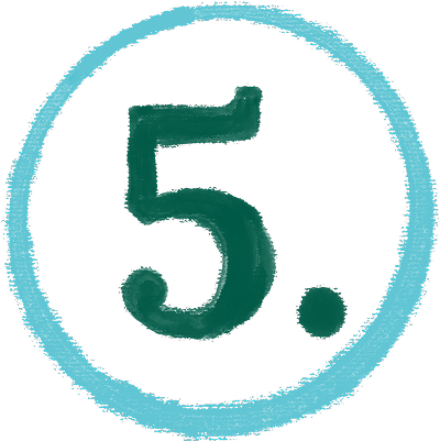 A hand-drawn dark green number 5 followed by a period is centered inside a light blue, roughly sketched circle on a white background.