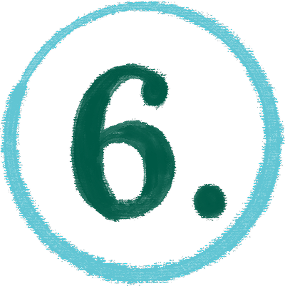 A large, dark green number 6 with a period is centered inside a hand-drawn light blue circle on a white background.
