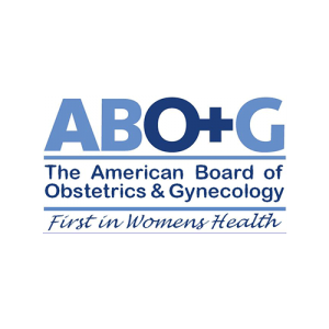 Logo of The American Board of Obstetrics & Gynecology (ABO+G), with the tagline First in Womens Health written below in blue script.