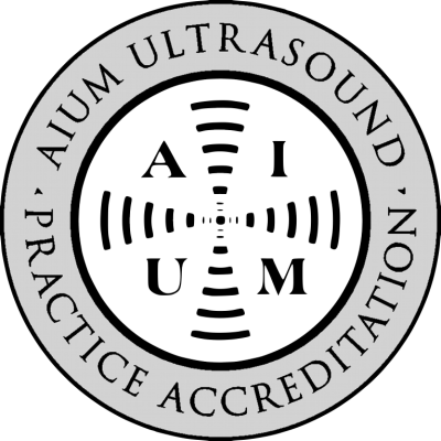 A circular badge with the words AIUM Ultrasound Practice Accreditation written around the outer ring. The inner area contains a faint, stylized design.