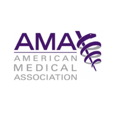 AMA logo featuring AMA in large purple letters above American Medical Association in gray. A purple snake and staff symbolize medicine, coiled around the right side of the logo.