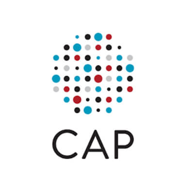 A circular pattern of dots in black, red, blue, and gray, arranged randomly above the text CAP in bold, black capital letters on a white background.