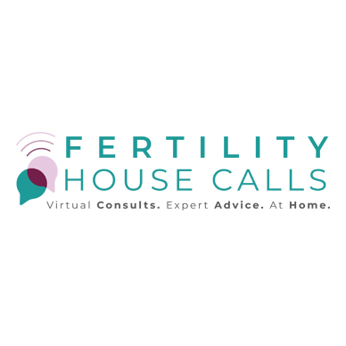 Logo for Fertility House Calls featuring a stylized chat bubble with Wi-Fi signals and the tagline: Virtual Consults. Expert Advice. At Home. in teal, purple, and gray colors.