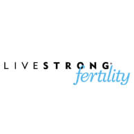 The image shows the LIVESTRONG Fertility logo, with LIVESTRONG in black uppercase letters and fertility in light blue, cursive lowercase letters.