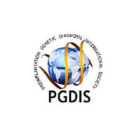 Logo of the Preimplantation Genetic Diagnosis International Society (PGDIS), featuring a globe wrapped with orange ribbons, encircled by the societys name, with PGDIS written below.