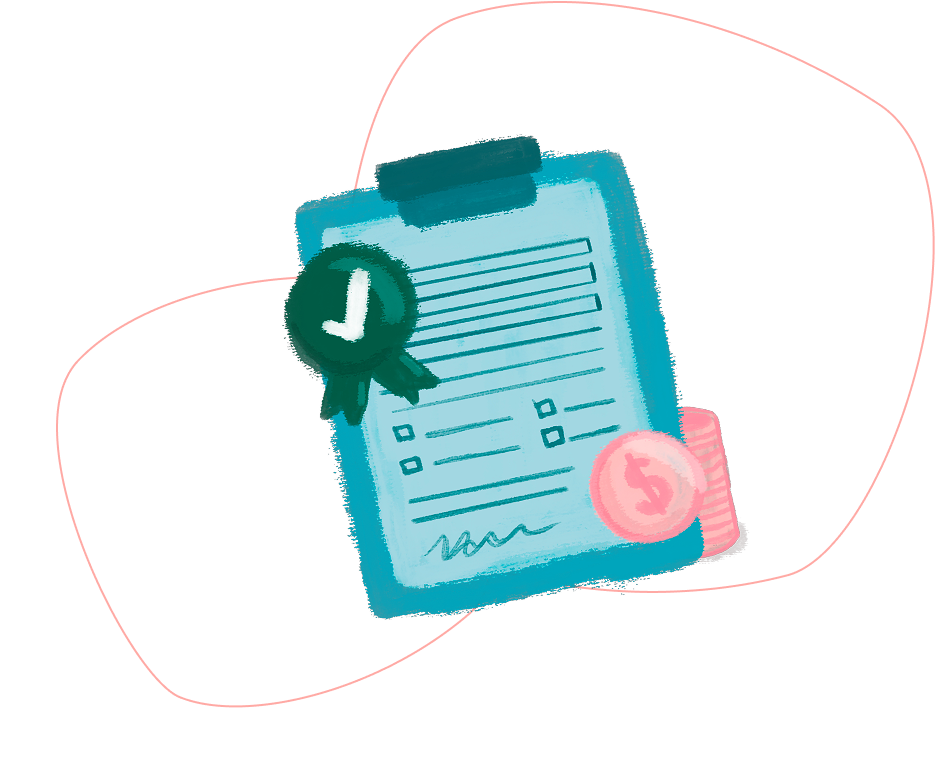 Illustration of a blue clipboard with a checklist, a green ribbon with a checkmark, and a pink coin with a dollar sign, symbolizing approval and financial matters.