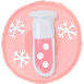 A pink liquid with floating white circles inside a test tube, set against a pink circular background with three white snowflakes.