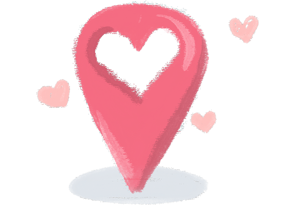A red map pin with a heart-shaped cutout in the center, surrounded by three pink heart illustrations on a light background.