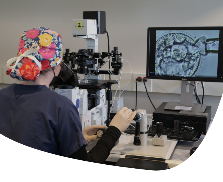 A scientist wearing a colorful cap and gloves uses a microscope while viewing a magnified cell image on a computer monitor in a laboratory setting.