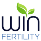 The WIN Fertility logo features the word WIN in bold, dark letters with two green leaves above the I. The word FERTILITY is written below in light blue capital letters.