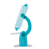 Illustration of a blue and white microscope facing left on a plain, light background. The drawing has a simple, hand-drawn style with minimal details.
