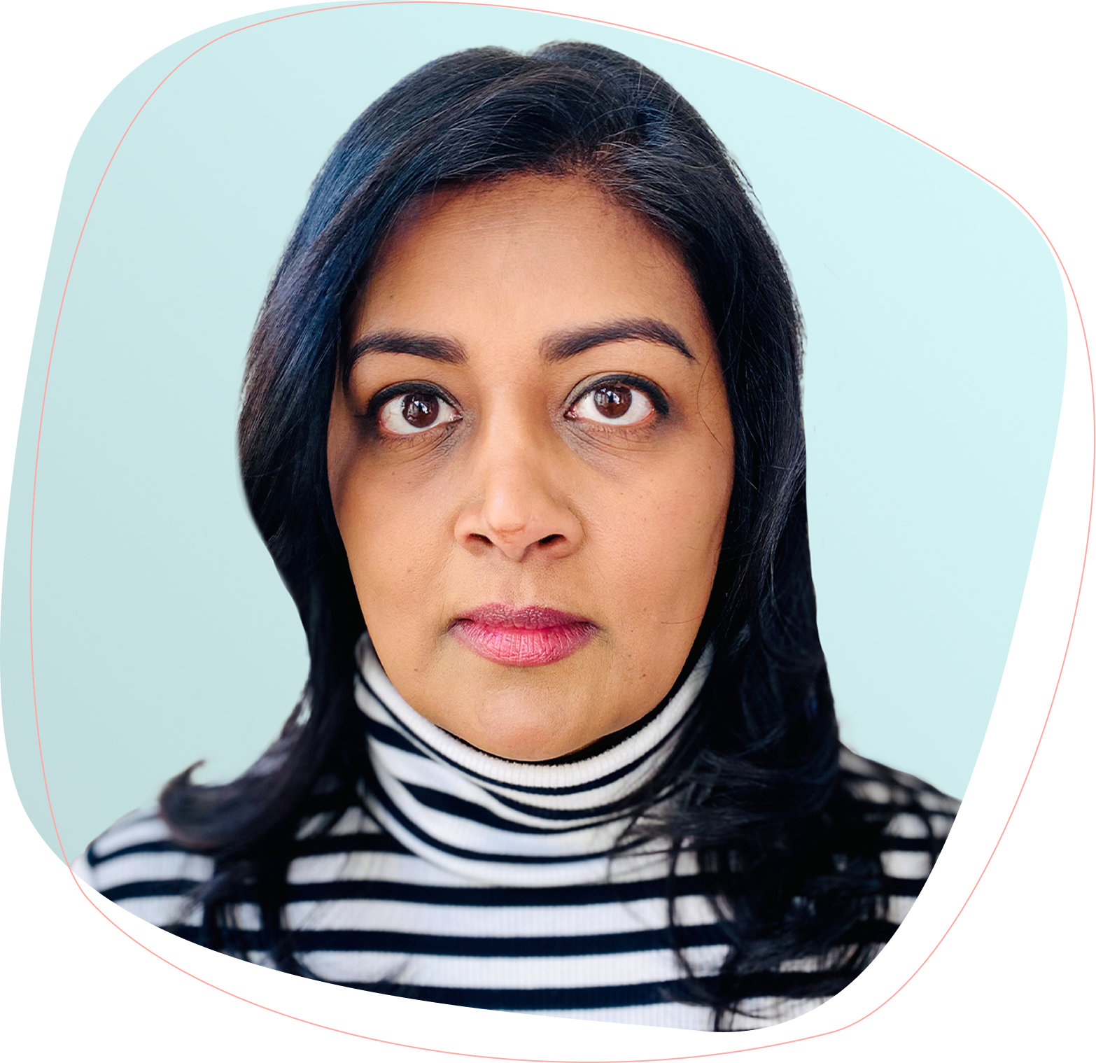 A woman with medium-length black hair wearing a black and white striped turtleneck looks directly at the camera with a neutral expression, against a light blue background.