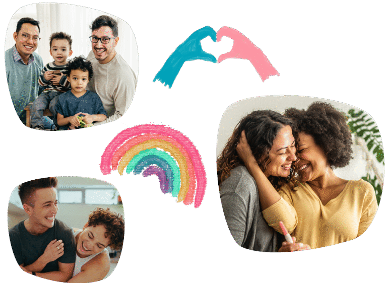 A collage of diverse couples and families smiling, including two men with children, a happy male-female couple, and two women embracing. Colorful illustrations of hands forming a heart and a rainbow are in the center.